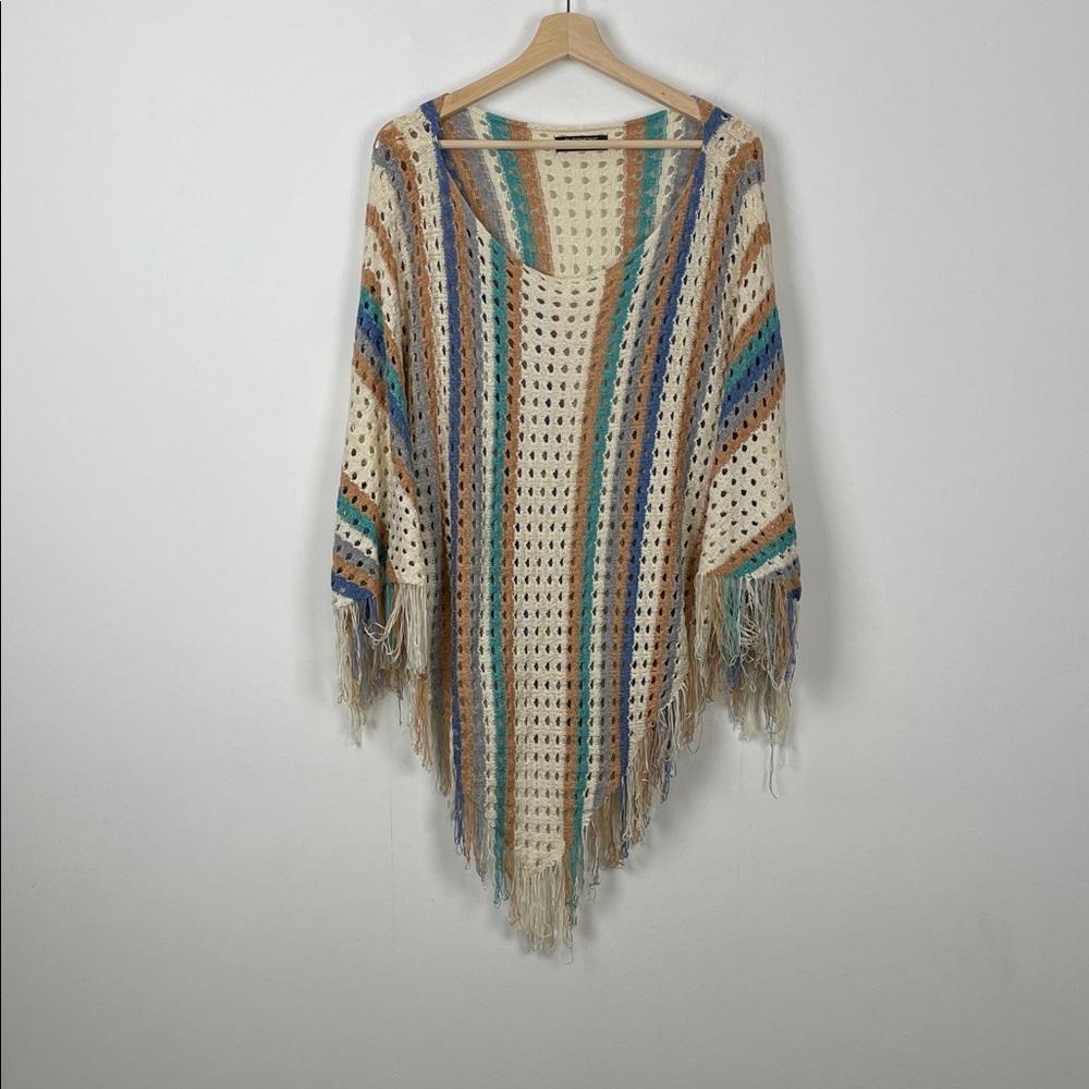 Bloomchic Crochet Knit Multicolor Striped Women's 14-16 Poncho Fringe Sweater